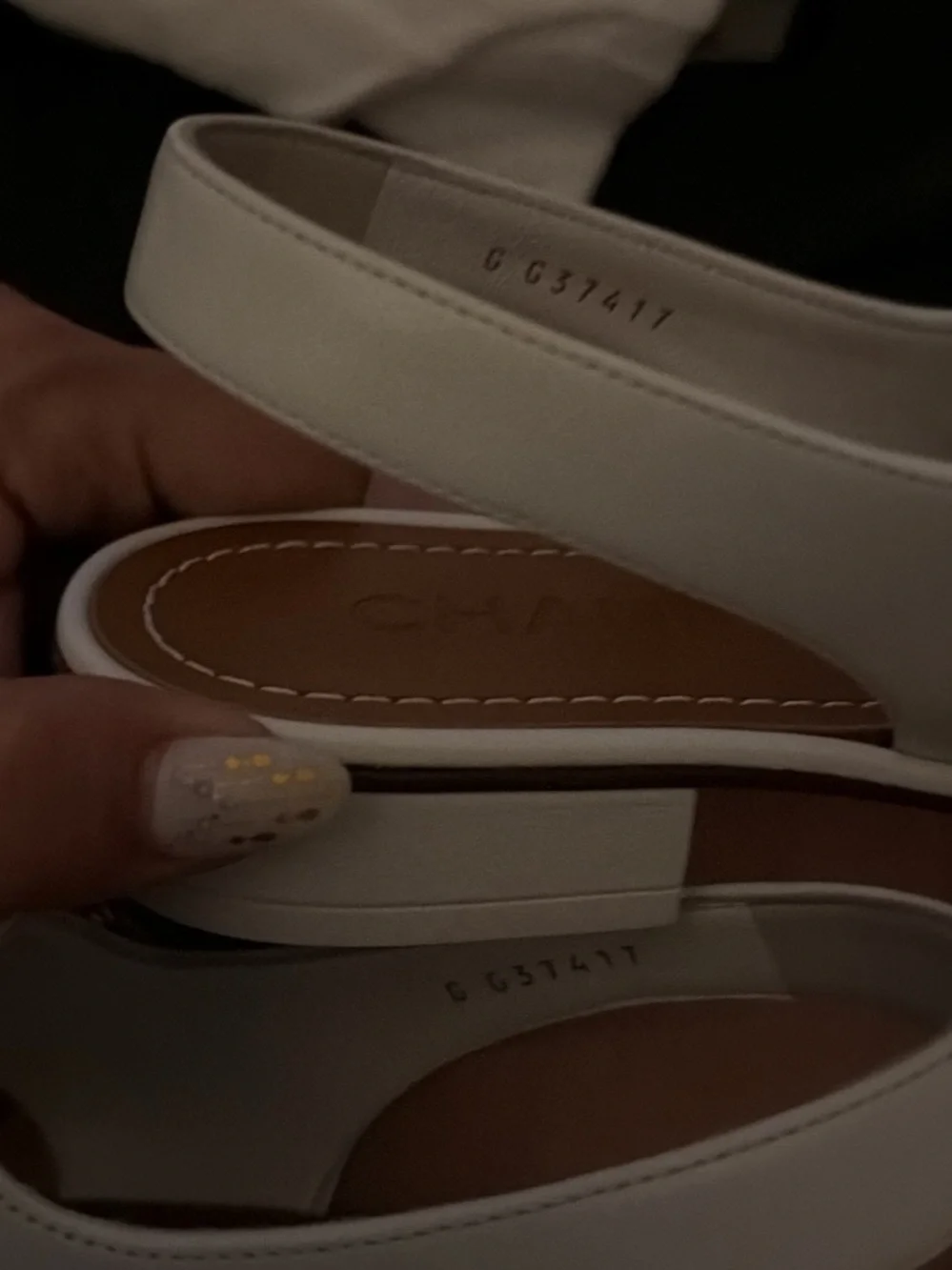 CHANEL White Leather Slingback Thong Sandals with Gold CC